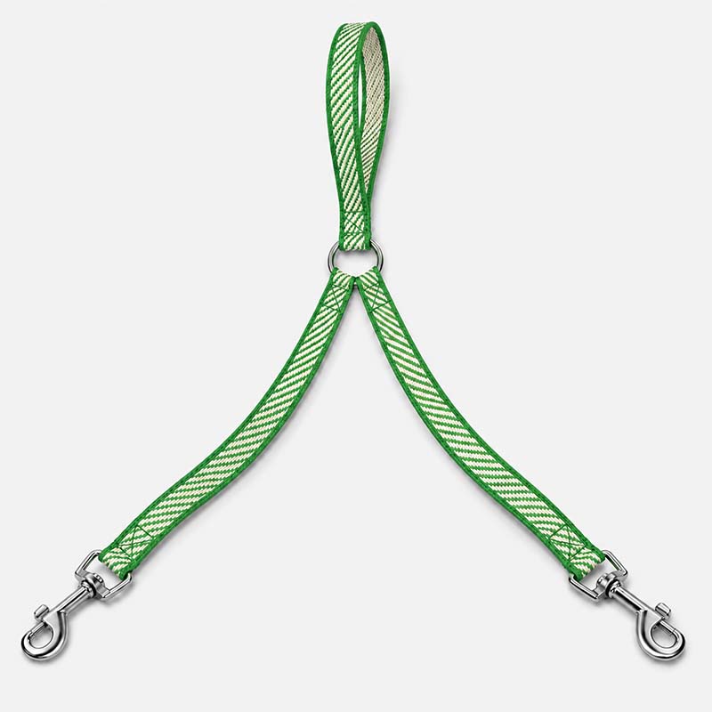 Green and white UHMWPE double dog leash with a shared handle and two aluminum carabiner-style clips