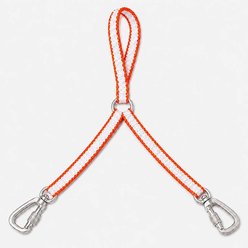 White and orange UHMWPE dual dog leash with one handle, two branches and aluminum carabiner clips