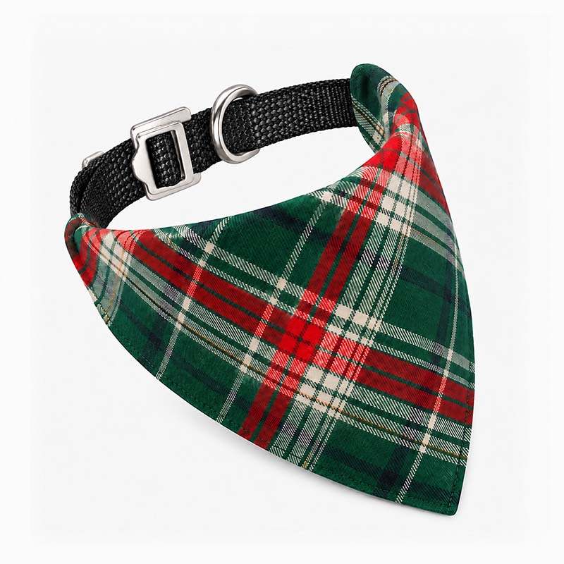 Red and green plaid dog bandana paired with a black UHMWPE collar and Aircraft-Grade Aluminum buckle