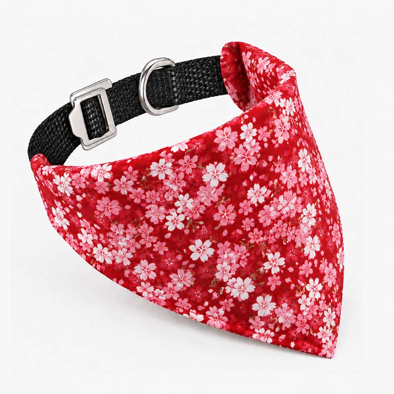 Red floral dog bandana with a black UHMWPE collar and Aircraft-Grade Aluminum buckle