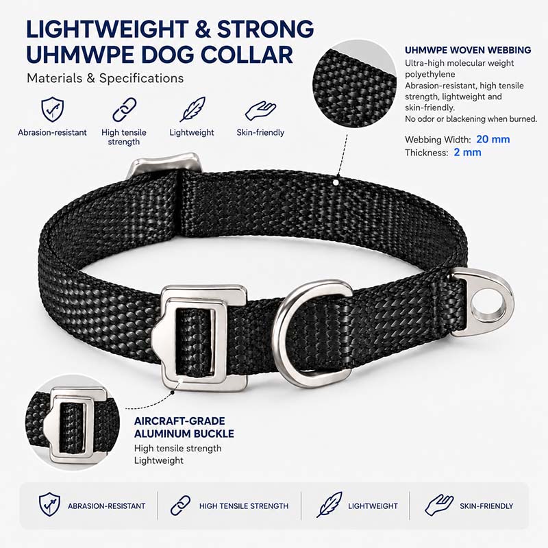 Black dog collar material details showing UHMWPE woven webbing and Aircraft-Grade Aluminum buckle